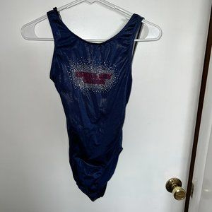 Open back navy blue rhinestone leotard - AM